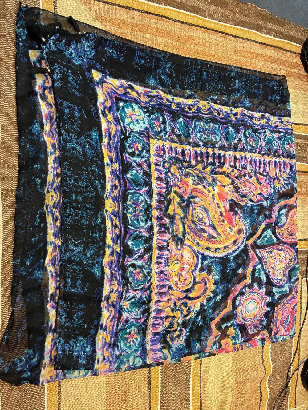 Boho Abstract Paisley Print Scarf | Sheer Lightweight Shawl | Blue Purple Square